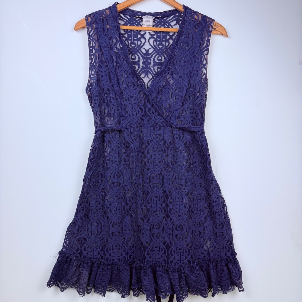 American Rag Cie Purple Lace Sleeveless Ruffle Mini Dress Large Wrap V-Neck Tie